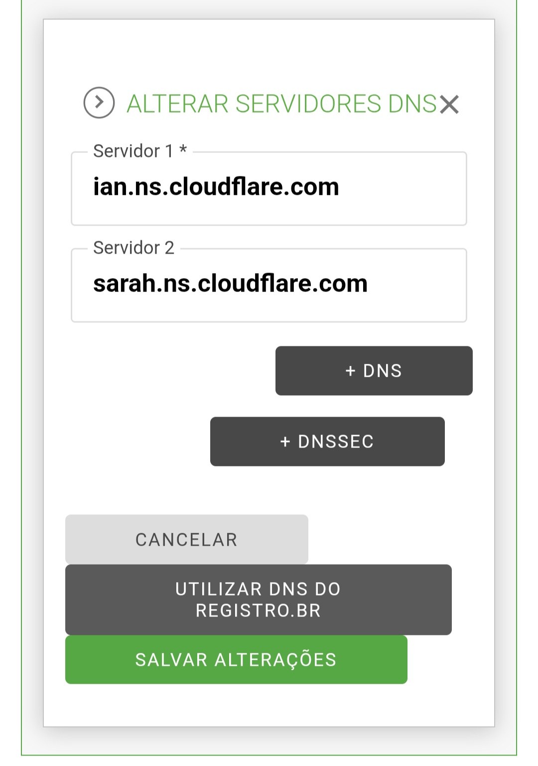 Tela de alteração dos servidores DNS no registro.br com os campos Servidor 1 e Servidor 2 e o botão Salvar alterações