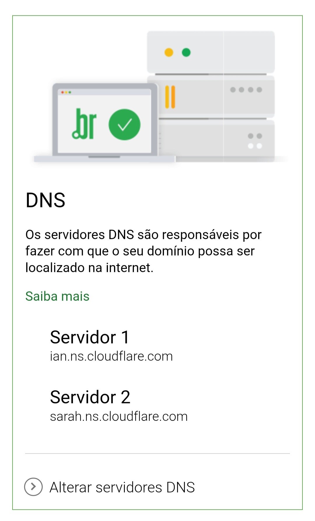 Área de DNS no painel do registro.br mostrando Servidor 1 e Servidor 2 e a opção Alterar servidores DNS